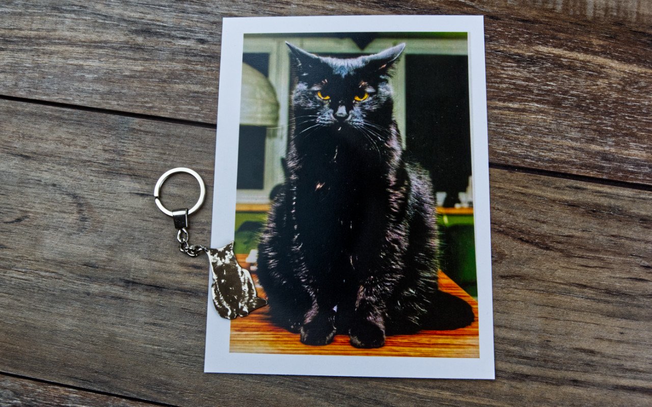 gravírovaný kovový přívěsek kočky