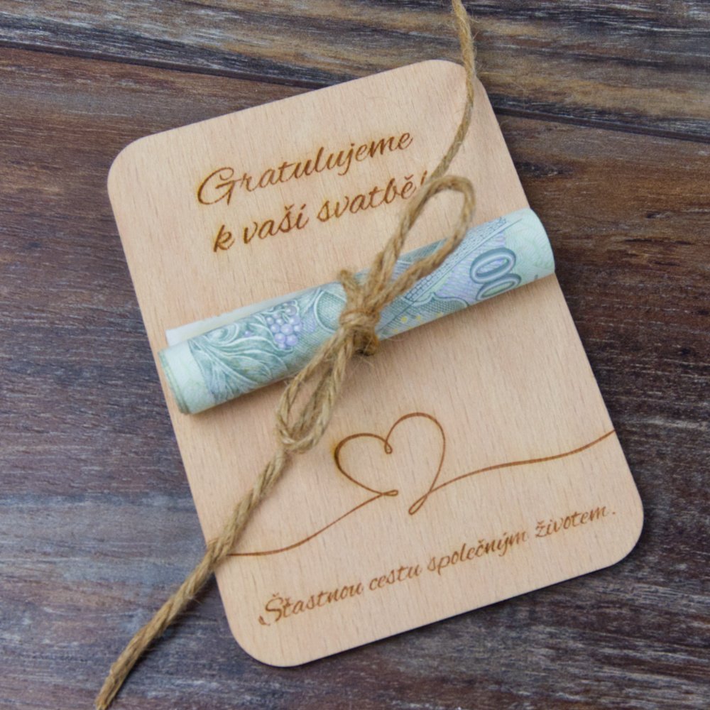 Svatební gravírování 4 dřevěná kartička na peníze k narozeninám