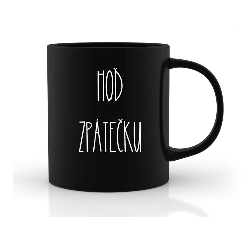 Černý hrnek - Hoď zpátečku 1 Černý hrnek s bílým potiskem