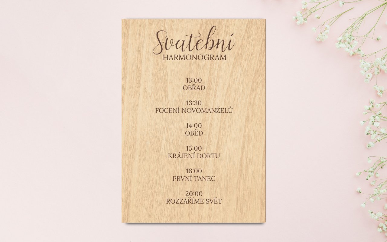 Cedule svatební program s vlastním textem 2 Obrázek program bez stojanku nahled galerie