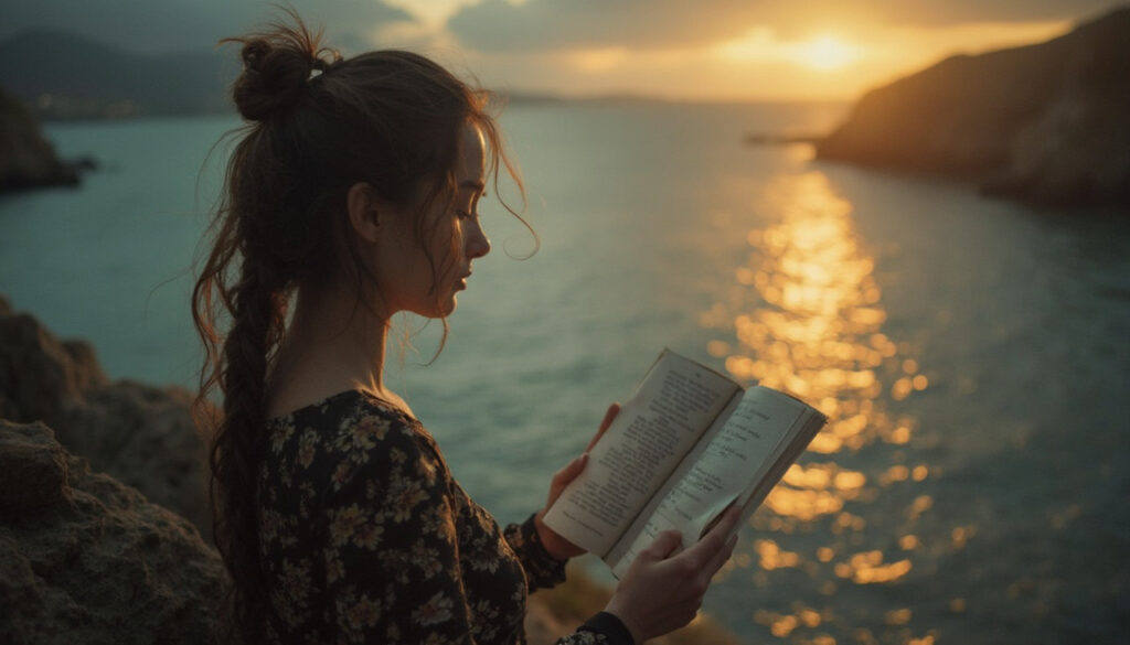 a woman reading a book by the water