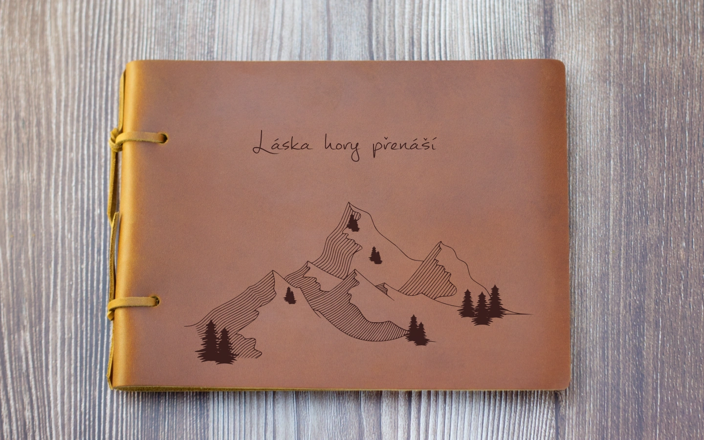 Kožený deník A5 Láska hory přenáší 2 Obrázek galerie kozeny denikA5 laska hory